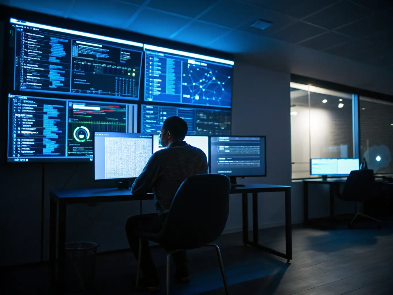 A cybersecurity analyst is monitoring a security dashboard, analyzing logs and identifying potential security incidents in real-time.