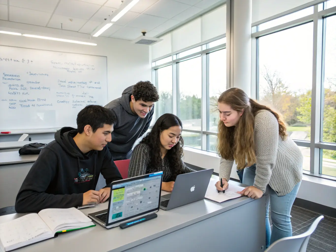 A group of cybersecurity students collaborating on a project, emphasizing teamwork and practical application of learned concepts.